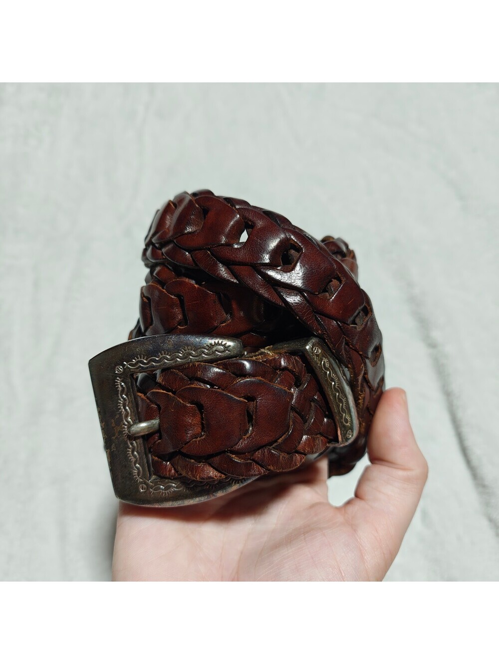 Vintage wcm brown leather braided belt with silver colored hardware